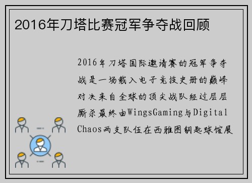 2016年刀塔比赛冠军争夺战回顾