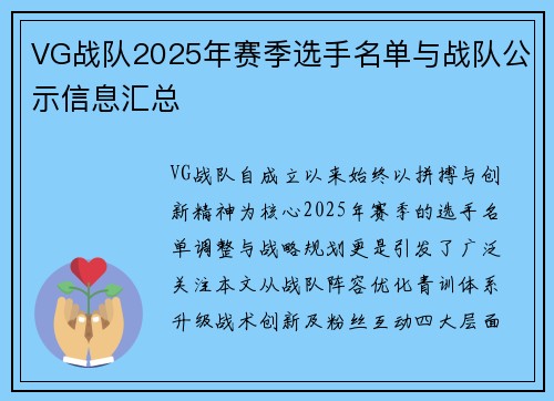 VG战队2025年赛季选手名单与战队公示信息汇总