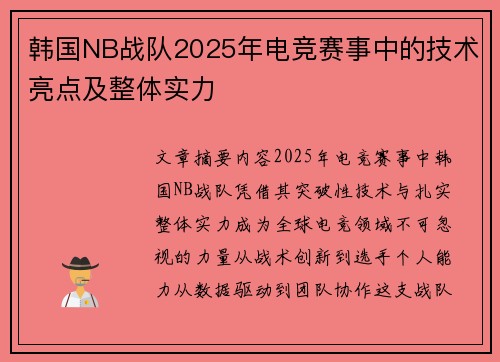 韩国NB战队2025年电竞赛事中的技术亮点及整体实力